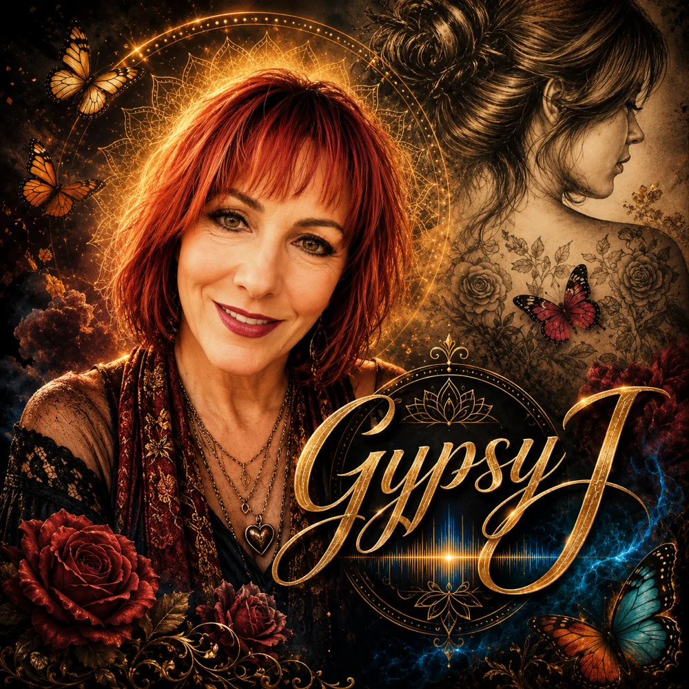Gypsy J illustrated artist portrait featuring red hair, gold flourishes and butterflies